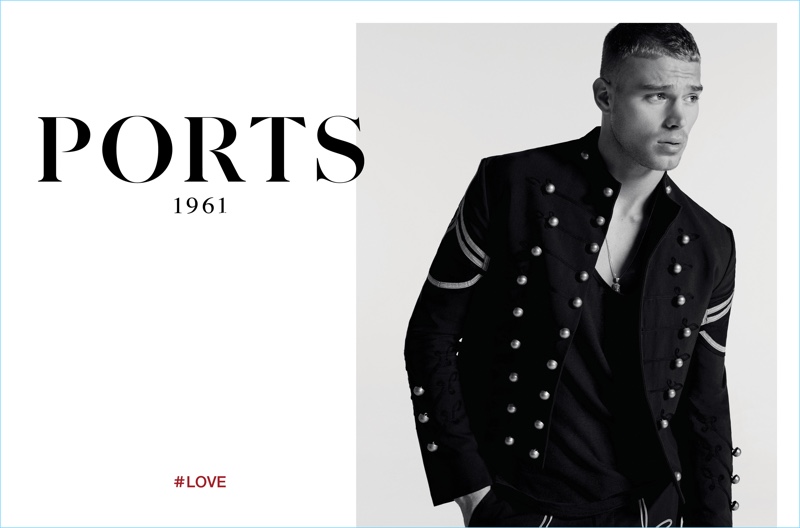 Embracing military style, Matthew Noszka stars in Ports 1961's spring-summer 2017 campaign.