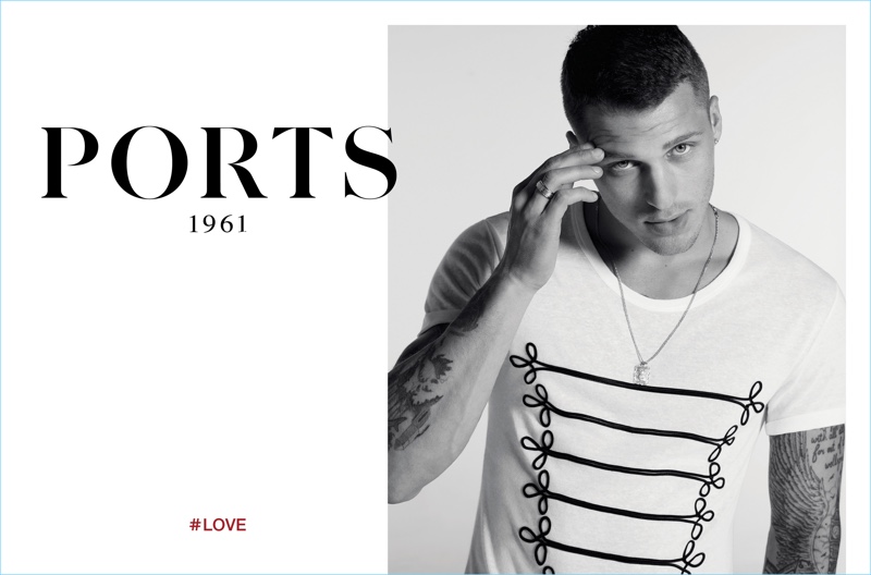 Matthew Noszka wears a military-inspired tee for Ports 1961's spring-summer 2017 campaign.