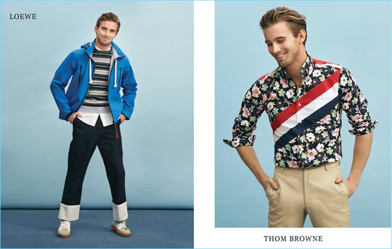 Charming in spring fashions from Holt Renfrew, RJ King wears Loewe and Thom Browne. 