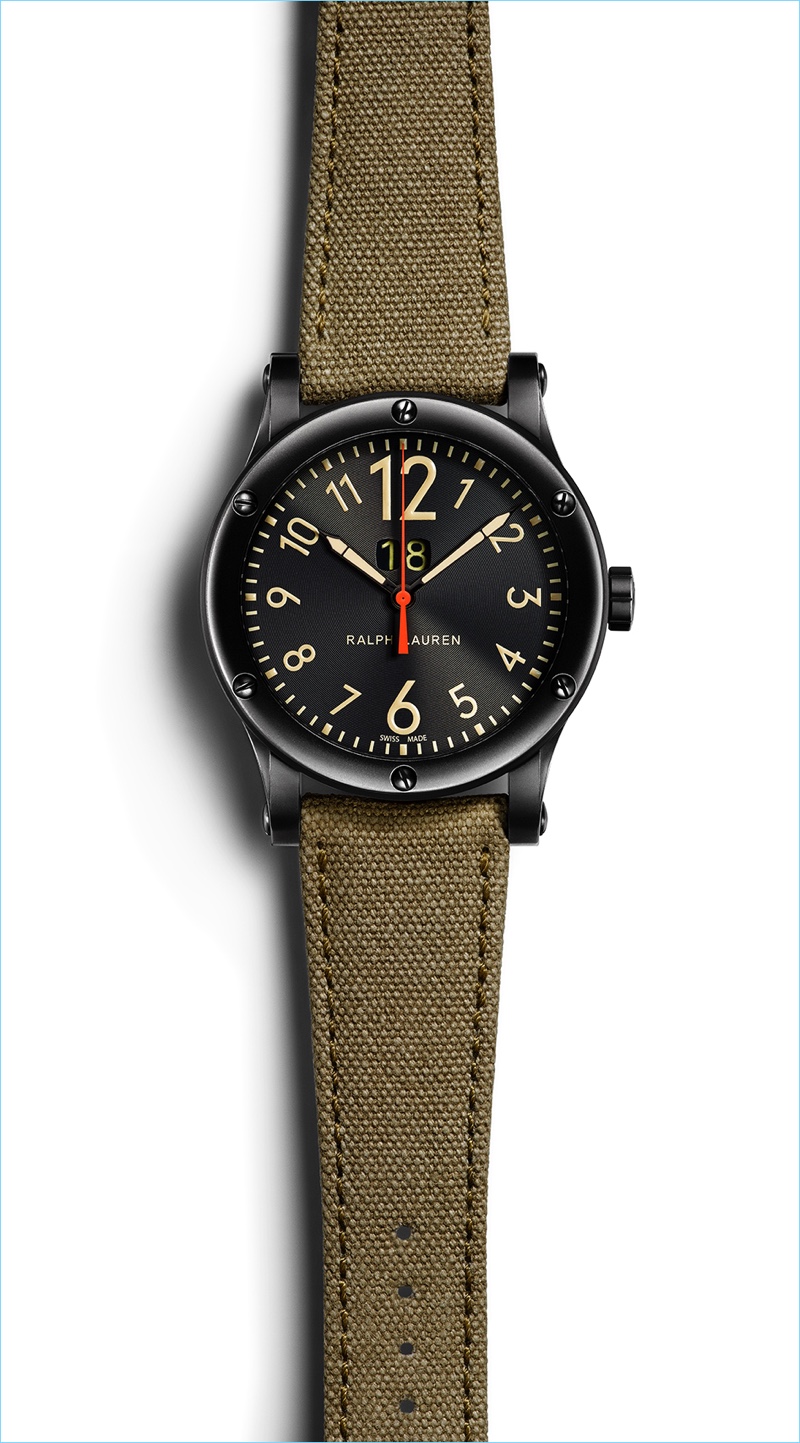 Complementing Ralph Lauren's camouflage adorned watch, this Safari Grand Date timepiece features a black dial and a rugged canvas strap.