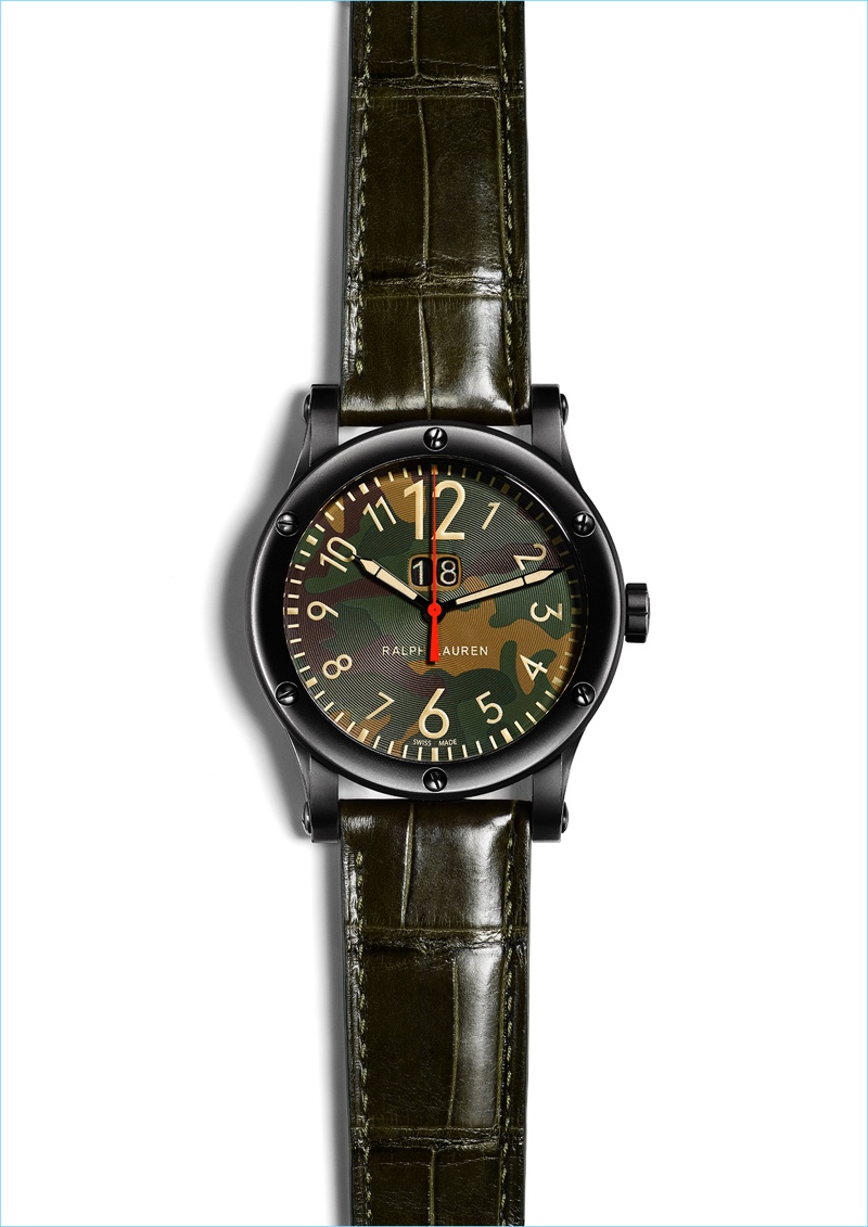 A camouflage dial comes together with a sleek leather strap for Ralph Lauren's stylish Safari Grand Date watch.