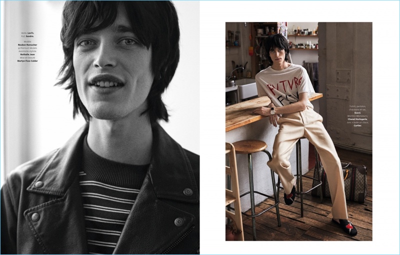 Left: Reuben Ramacher flashes a smile as he wears a Levi's biker jacket with a striped Sandro sweater. Right: Reuben sports a t-shirt and trousers by Gucci.