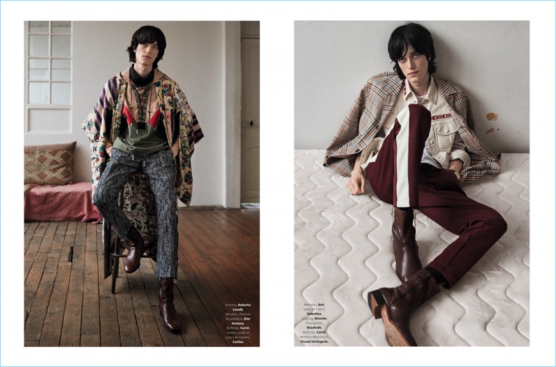 Left: Mixing prints, Reuben Ramacher wears a Roberto Cavalli kimono with a look from Dior Homme. Right: Reuben dons an AMI jacket with a Valentino t-shirt and jacket. The Australian model also wears Moncler joggers with Carvil boots.