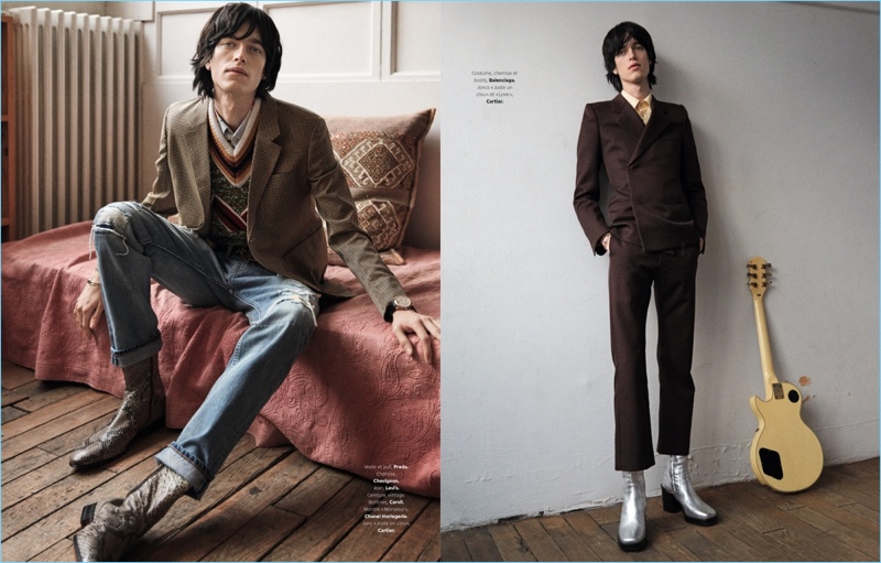 Left: Relaxing indoors, Reuben Ramacher wears a blazer and sweater by Prada. Reuben also sports a Chevignon shirt, Levi's jeans, and Carvil boots. Right: Standing tall, Reuben dons a shirt, suit and boots by Balenciaga.