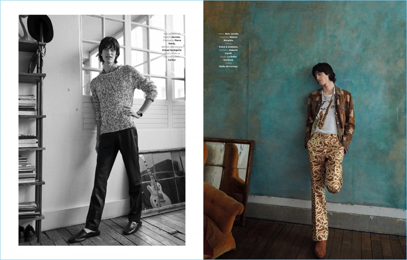 Left: Reuben Ramacher sports a sweater, foulard, and trousers by Hermes with Pierre Hardy shoes. Right: Reuben wears a patch Marc Jacobs jacket with a Maison Margiela shirt, Dolce & Gabbana t-shirt, Roberto Cavalli trousers, and La Botte Gardiane boots.
