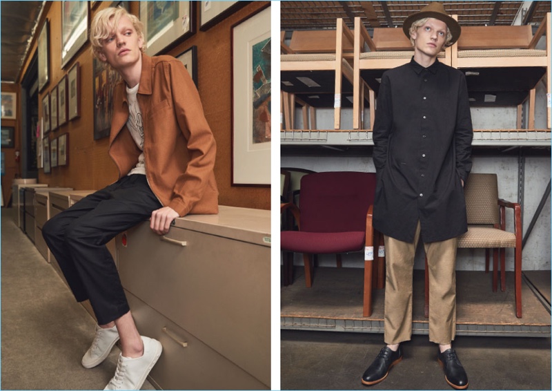 Left: Turner Barbur goes casual in a brown Native Youth jacket, Agolde tee, Chapter cropped trousers, and Rag & Bone Standard Issue sneakers. Right: Turner wears a Robert Geller long shirt with Chapter cropped trousers, Wolverine shoes, and a Brixton hat.