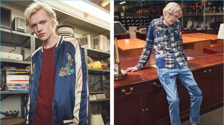 Left: Tapping into the souvenir jacket trend, Turner Barbur wears a Standard Issue bomber jacket, Nudie Jeans tee, and Scotch & Soda jeans. Right: Turner rocks a Remi Relief flannel shirt and denim jeans. Turner also wears a Rag & Bone Standard Issue henley and Common Projects Achilles retro low sneakers.