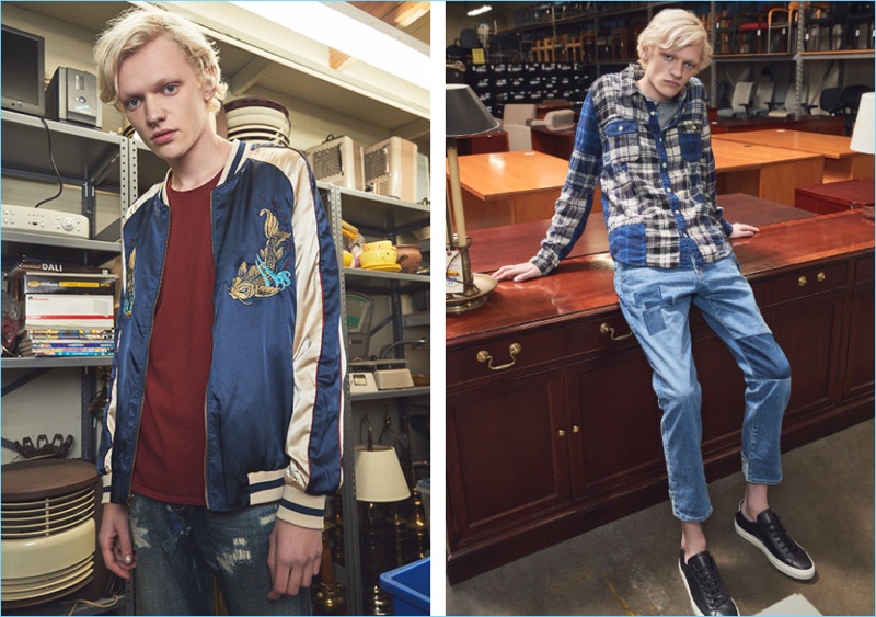 Left: Tapping into the souvenir jacket trend, Turner Barbur wears a Standard Issue bomber jacket, Nudie Jeans tee, and Scotch & Soda jeans. Right: Turner rocks a Remi Relief flannel shirt and denim jeans. Turner also wears a Rag & Bone Standard Issue henley and Common Projects Achilles retro low sneakers.