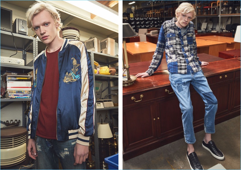 Left: Tapping into the souvenir jacket trend, Turner Barbur wears a Standard Issue bomber jacket, Nudie Jeans tee, and Scotch & Soda jeans. Right: Turner rocks a Remi Relief flannel shirt and denim jeans. Turner also wears a Rag & Bone Standard Issue henley and Common Projects Achilles retro low sneakers.