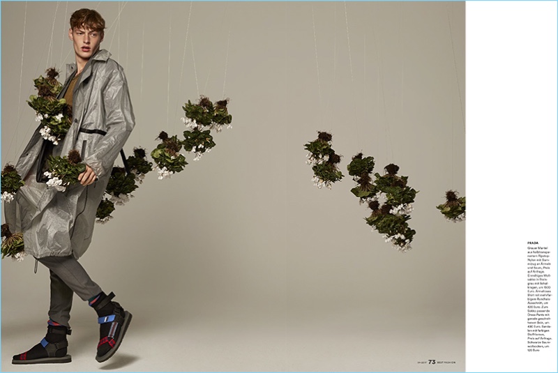 Starring in an editorial for Men's Health Germany Best Fashion, Roberto Sipos rocks a Prada spring outfit.