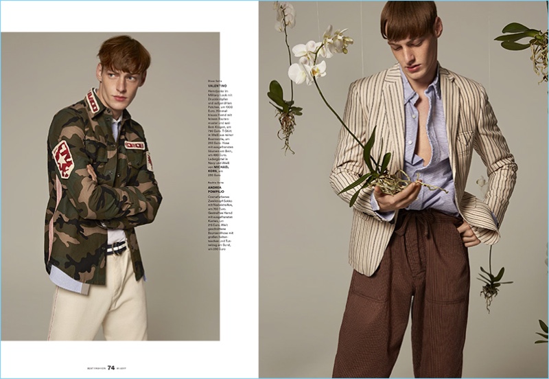 Left: Roberto Sipos enjoys a camouflage moment in Valentino. Right: Roberto sports a mix of striped patterns from Andrea Pompilio.