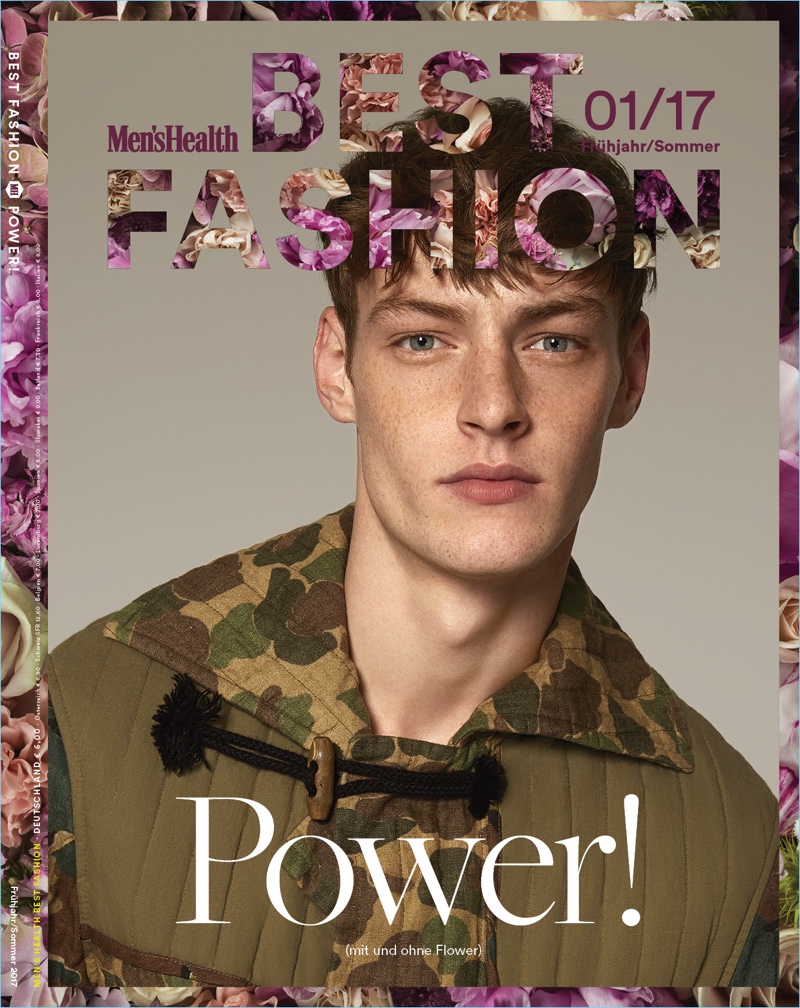 Covering Men's Health Germany Best Fashion, Roberto Sipos models a camouflage print look by Dries Van Noten.