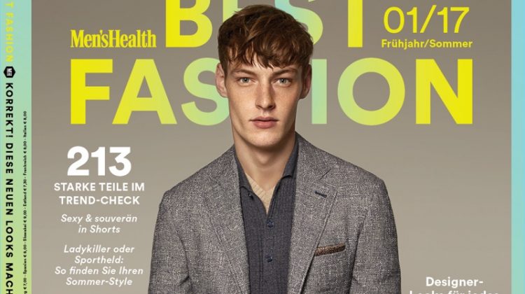 Roberto Sipos dons a texture rich ensemble from Canali for the cover of Men's Health Germany Best Fashion.