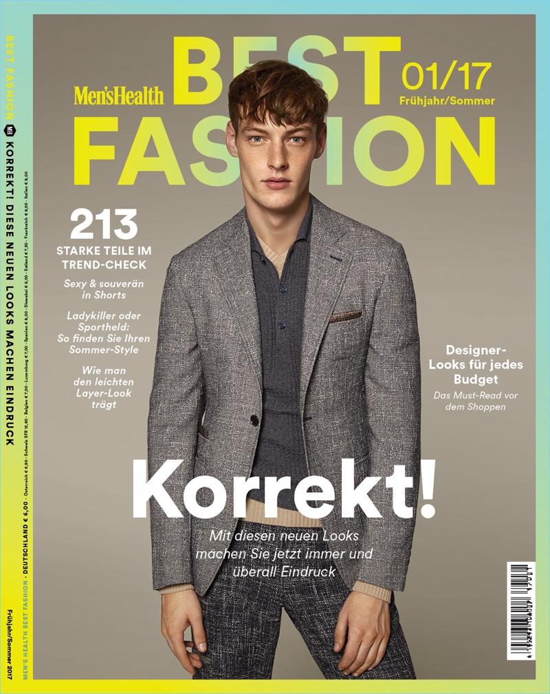 Roberto Sipos dons a texture rich ensemble from Canali for the cover of Men's Health Germany Best Fashion.