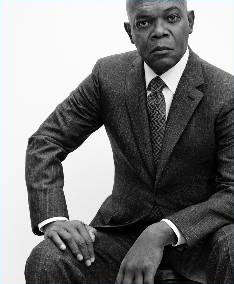 Sitting for a black and white photo, Samuel L. Jackson wears a suit for Brioni's spring-summer 2017 campaign.