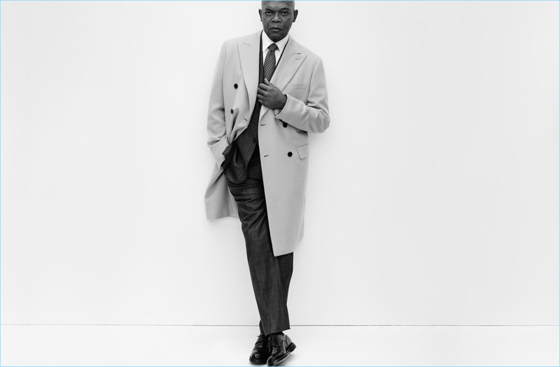 Front and center, Samuel L. Jackson dons a double-breasted coat and suit for Brioni's spring-summer 2017 campaign.