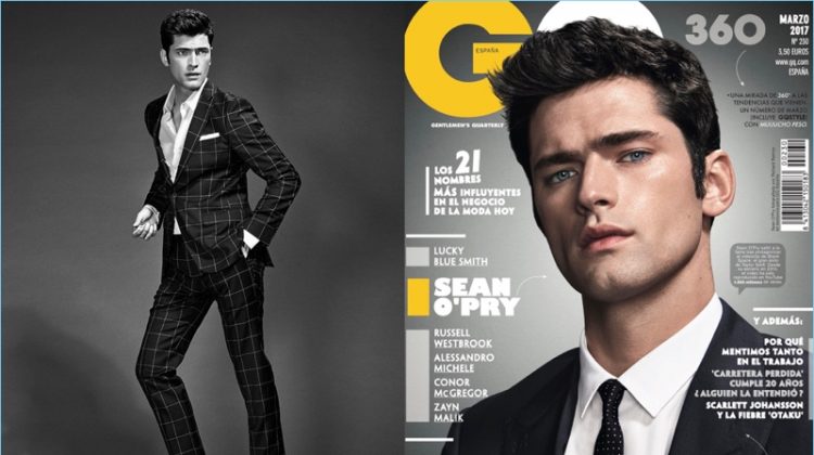 Sean O'Pry covers the March 2017 issue of GQ España. Pictured left, Sean wears a shirt and suit from Massimo Dutti with Church's leather loafers.