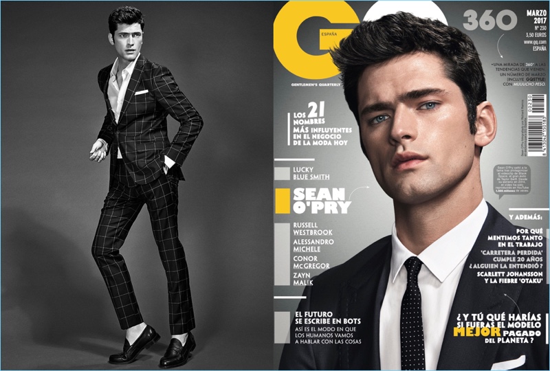 Sean O'Pry covers the March 2017 issue of GQ España. Pictured left, Sean wears a shirt and suit from Massimo Dutti with Church's leather loafers.