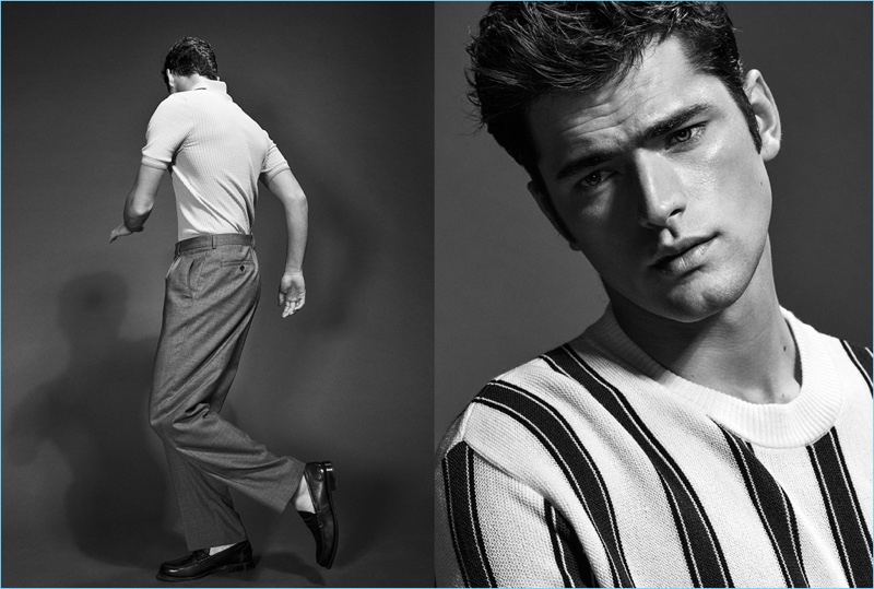 Left: Tapping into a retro energy, Sean O'Pry wears a Hermes polo with Lanvin trousers and Church's leather shoes. Right: Sean wears a vertical striped sweater for the pages of GQ España.