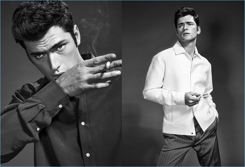 Left: American model Sean O'Pry wears a Cerruti 1881 shirt. Right: Sean sports Valentino shirt with Jil Sander trousers.