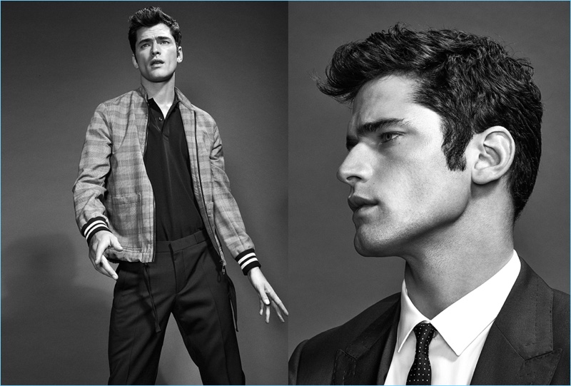 Left: Dressing up a Lanvin bomber jacket, Sean O'Pry wears a shirt and trousers by Ralph Lauren Purple Label. Right: Delivering a side profile, Sean dons a shirt, tie and suit by Dolce & Gabbana.