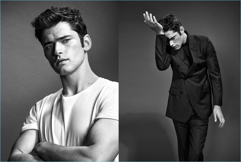 Left: Sean O'Pry sports a simple tee. Right: Bringing the drama in a black and white image, Sean sports Ermenegildo Zegna.