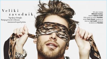 Simone Bredariol is Ready for his Close Up, Poses for Harper's Bazaar Serbia Model Simone Bredariol wears a leopard print Roberto Cavalli scarf and a graphic dinner jacket by Billionaire Couture.