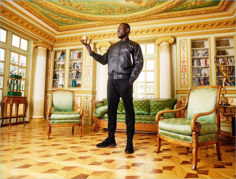 Rankin photographs Stormzy in a Y-3 jacket and Adidas Originals x Yeezy sneakers with the artist's own joggers.