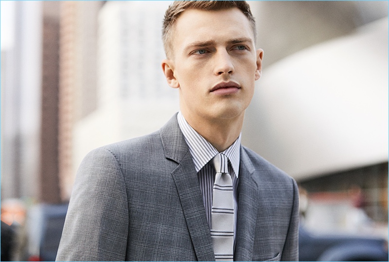 Victor Nylander dons grey suiting for Stellson's spring-summer 2017 campaign.