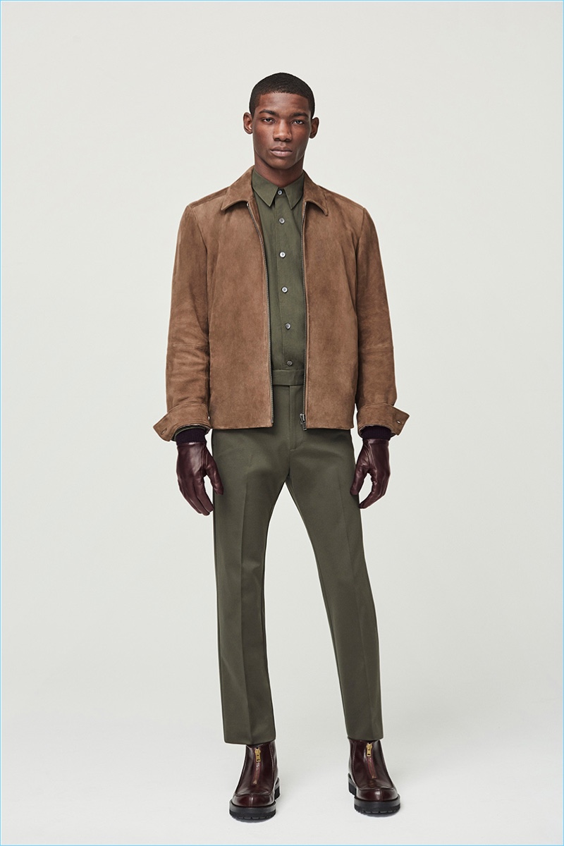 A sharp statement comes together with a brown suede jacket from Theory's fall-winter 2017 collection.