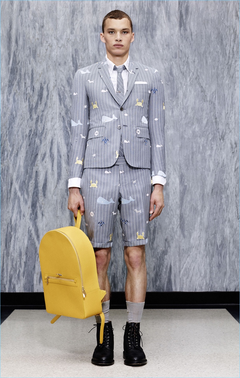 The short suit receives a playful update with Thom Browne embracing nautical motifs such as a whale graphic. » Thom Browne Blends Sartorial & Nautical References for Spring '17 The short suit receives a playful update with Thom Browne embracing nautical motifs such as a whale graphic.
