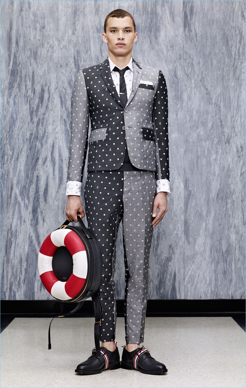 Color blocking and a fun rift on polka dots come together for a fun suiting number by Thom Browne. » Thom Browne Blends Sartorial & Nautical References for Spring '17 Color blocking and a fun rift on polka dots come together for a fun suiting number by Thom Browne.