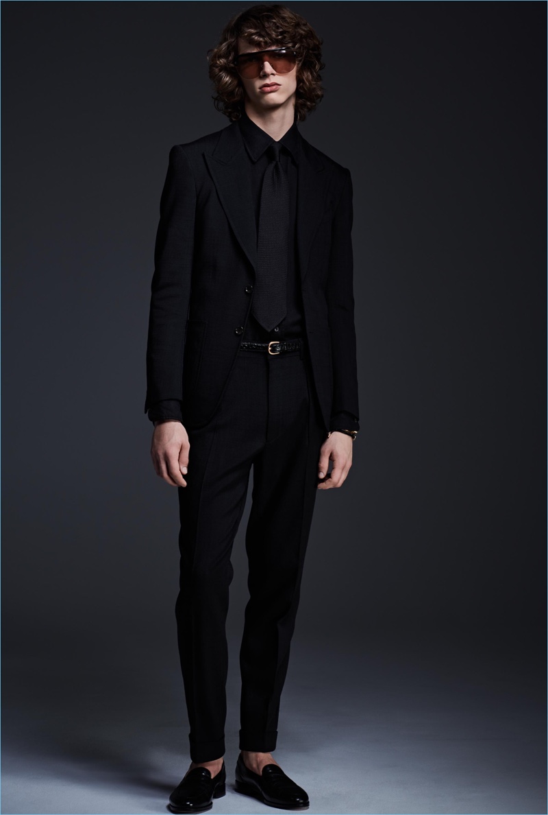 Erik van Gils dons a black on black look from Tom Ford's spring-summer 2017 collection.