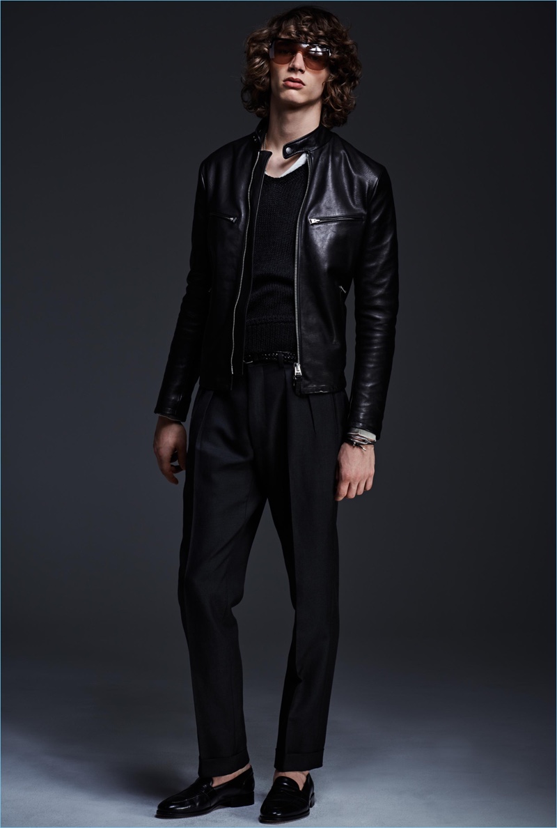 Tom Ford brings an effortless cool to the season with a racer-style leather jacket. » Tom Ford Unveils 35 Sleek Looks for Spring '17 Collection Tom Ford brings an effortless cool to the season with a racer-style leather jacket.