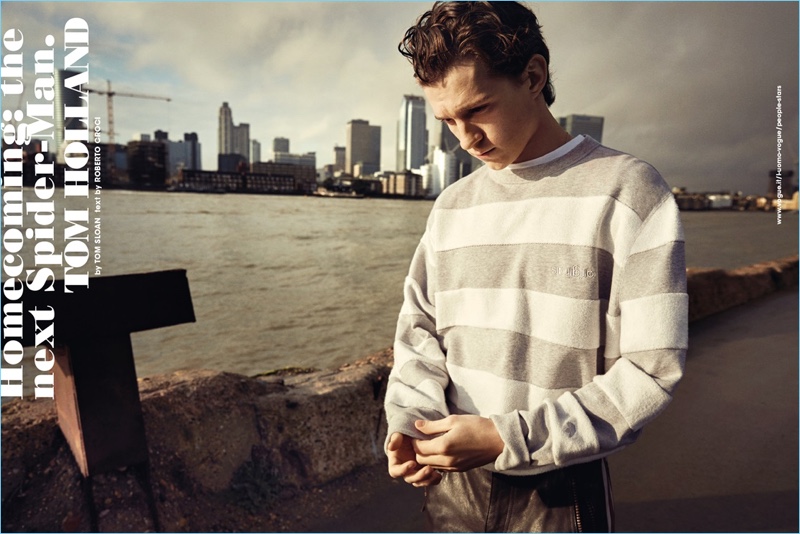 Actor Tom Holland sports an Adidas Originals by Alexander Wang pullover with Belstaff pants.