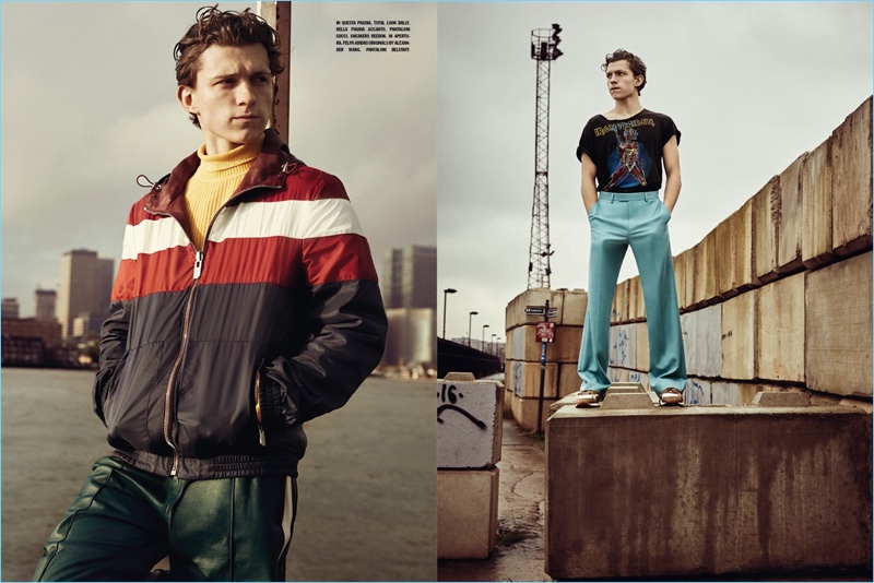 Left: Tom Holland goes sporty in a look from Bally. Right: Holland wears Gucci trousers with an Iron Maiden t-shirt and Reebok sneakers.