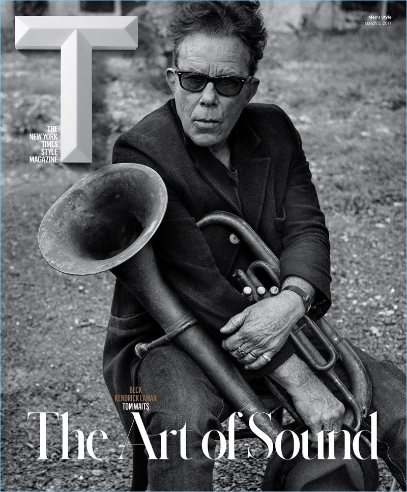 Tom Waits appears in a black and white image for the cover of T magazine.