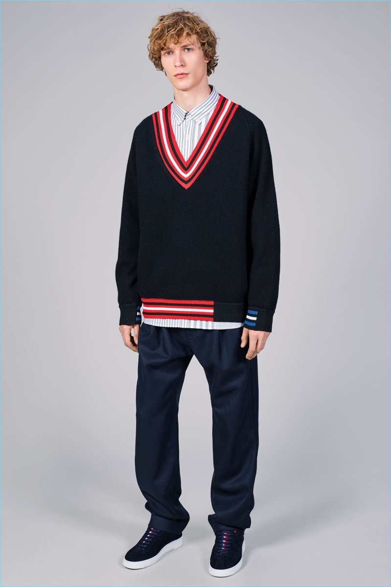 The v-neck sweater is revisited with a deep v for Tommy Hilfiger's fall-winter 2017 collection.