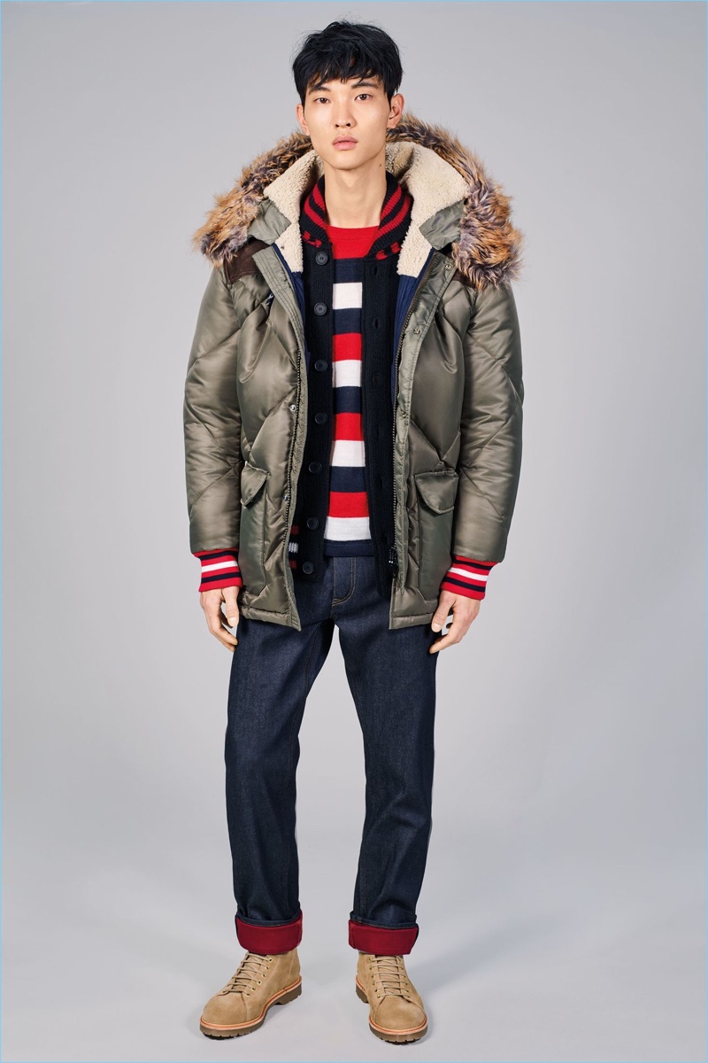 Delivering a streetwear vibe, Tommy Hilfiger serves up padded jackets and straight leg denim for fall-winter 2017.