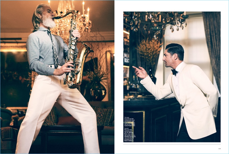 Left: Aiden Brady wears a Michael Kors shirt with Salvatore Ferragamo trousers and a Dolce & Gabbana tie. Right: Tony Ward sports a formal evening look by Ralph Lauren Purple Label.