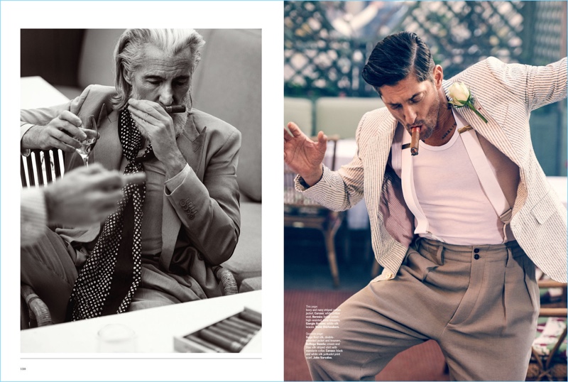 Smelling a cigar, Aiden Brady wears a Bottega Veneta suit with a Caruso shirt and John Varvatos scarf. Taking a smoke, Tony Ward wears a Caruso jacket with a Hermes tank, and Giorgio Armani trousers.