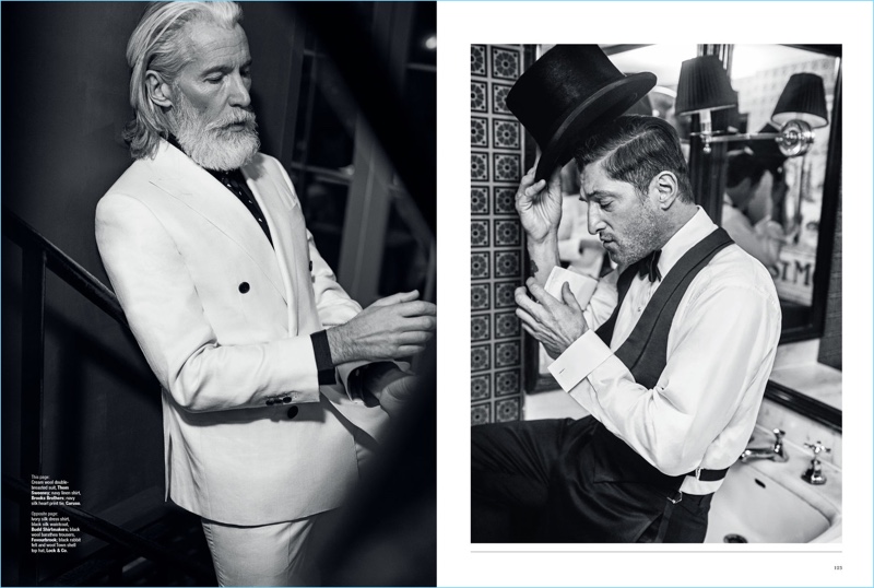 Left: Aiden Brady wears a dashing cream suit by Thom Sweeney with a Brooks Brothers shirt and Caruso tie. Right: Tony dons a Budd Shirtmakers waistcoat and shirt. The model icon also wears Favourbrook trousers and a top hat by Lock & Co.