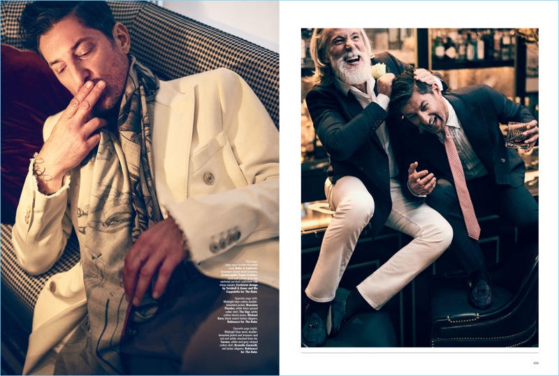 Left: Tony Ward relaxes in a Dolce & Gabbana double-breasted blazer, Ermenegildo Zegna Couture trousers, and Turnbull & Asser scarf. Right: Aiden Brady wears a Massimo Piombo double-breasted jacket with a shirt by The Gigi and Michael Kors jeans. Aiden also wears Rubinacci shoes. Tony Ward sports a double-breasted jacket, trousers, and tie by Caruso with a Brunello Cucinelli shirt and Rubinacci shoes.