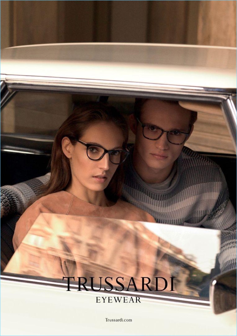 Models Othilia Simon and Julian Schneyder front Trussardi's spring-summer 2017 eyewear campaign.