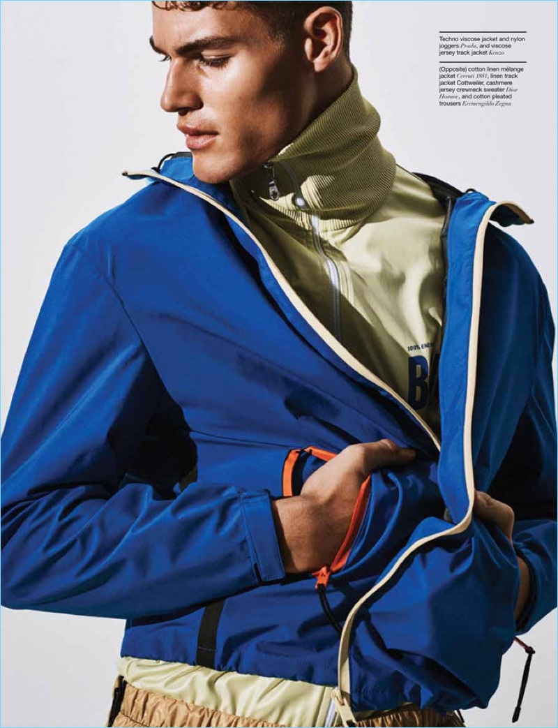 Ben Parks photographs Tyler Maher in a jacket and joggers by Prada with a Kenzo track jacket.