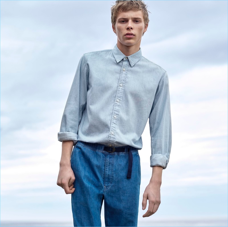 Double down on denim with Uniqlo U's long-sleeve shirt and relaxed pants.
