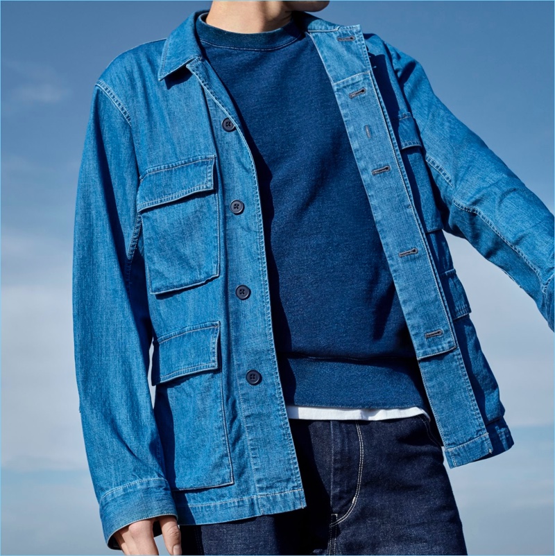 Denim is reworked for Uniqlo U's denim work jacket, which features four generous pockets.