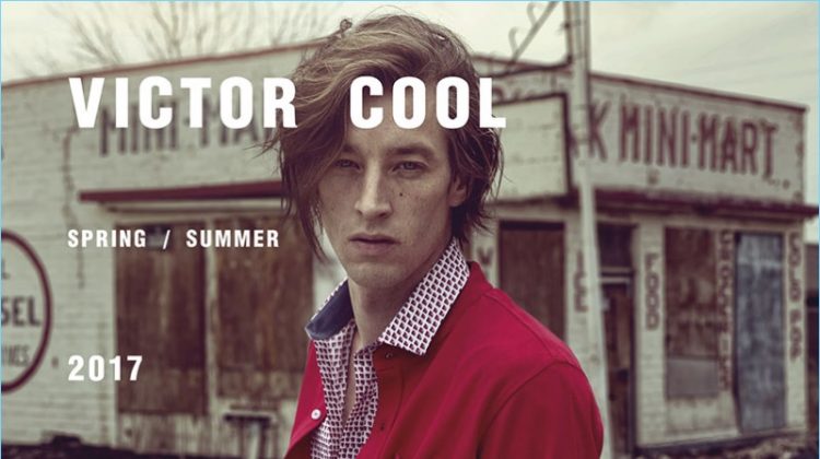 Joel Frampton wears a red and blue look for Victor Cool's spring-summer 2017 campaign.