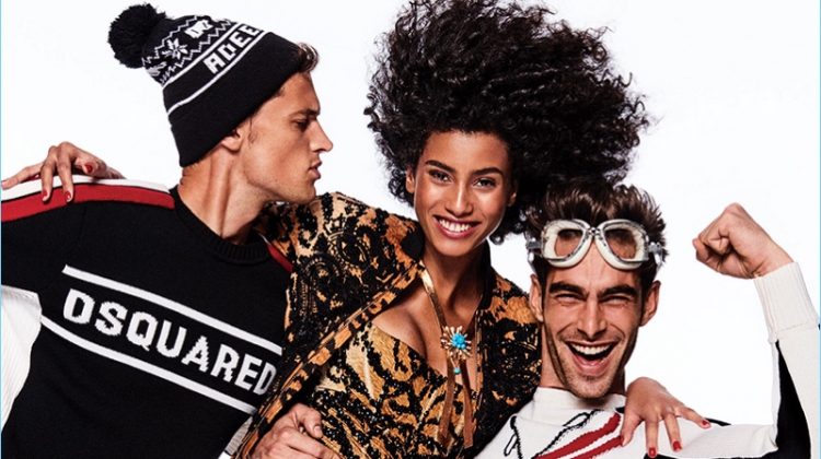 Starring in an energetic editorial for Vogue Japan, a Dsquared2 clad Garrett Neff and Jon Kortajarena join Imaan Hammam.