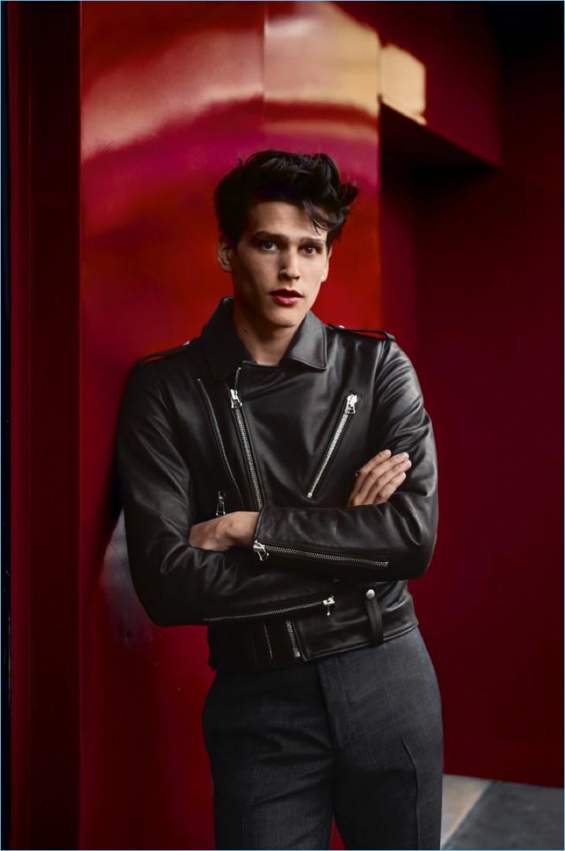 Model Simon van Meervenne rocks a leather biker jacket and trousers by Zadig & Voltaire.